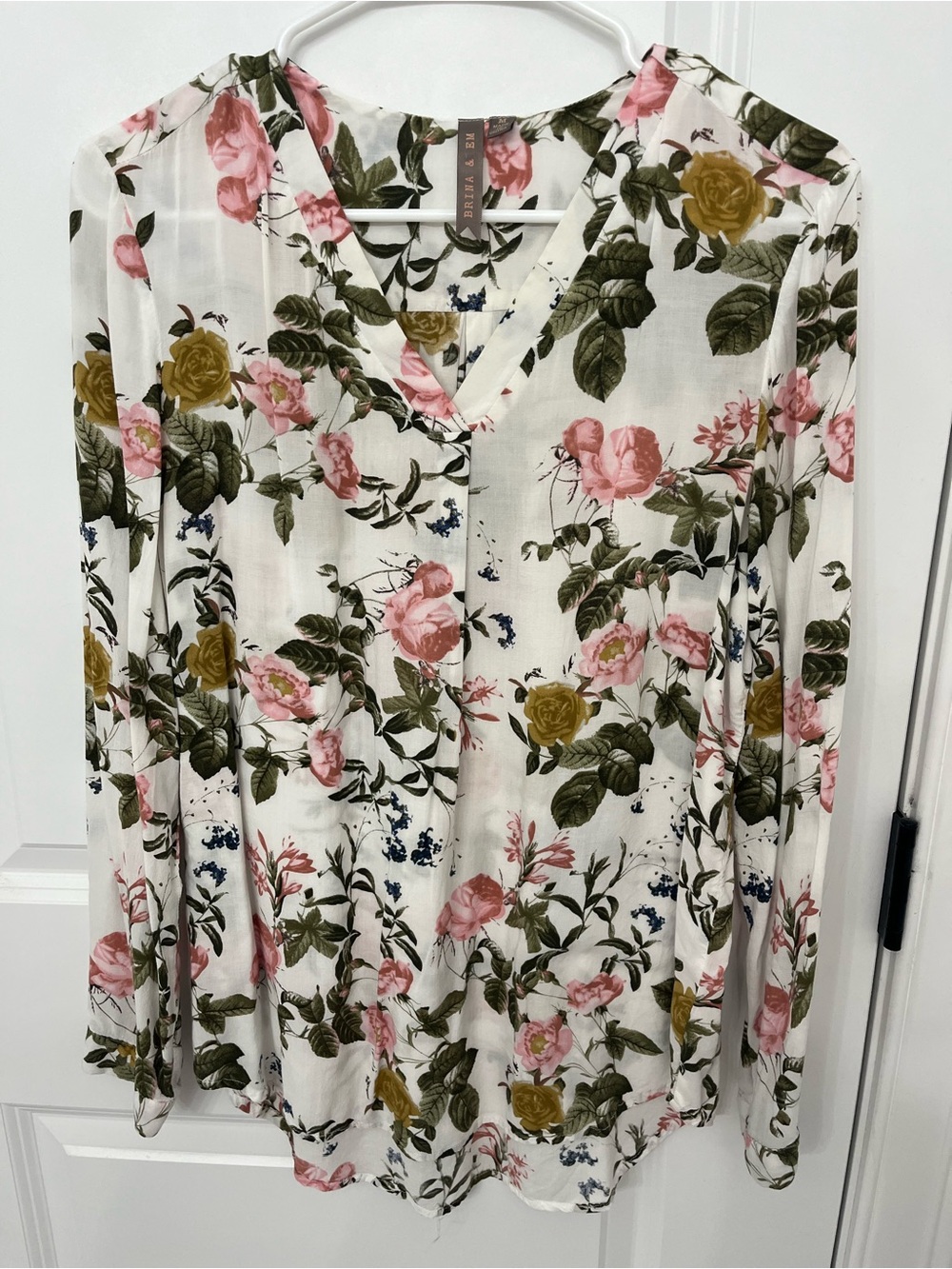 Brina & Em Floral V-Neck Long-Sleeve Top - Pink & Olive and Cream
